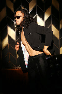 NAHM Black Jacket with Piped Mandarin Collar - Side View - Harleen Kaur - South Asian Menswear