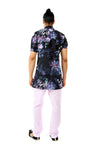 Harleen Kaur Mens Short Sleeve Cotton Kurta in Black and Purple Floral Print - Back View