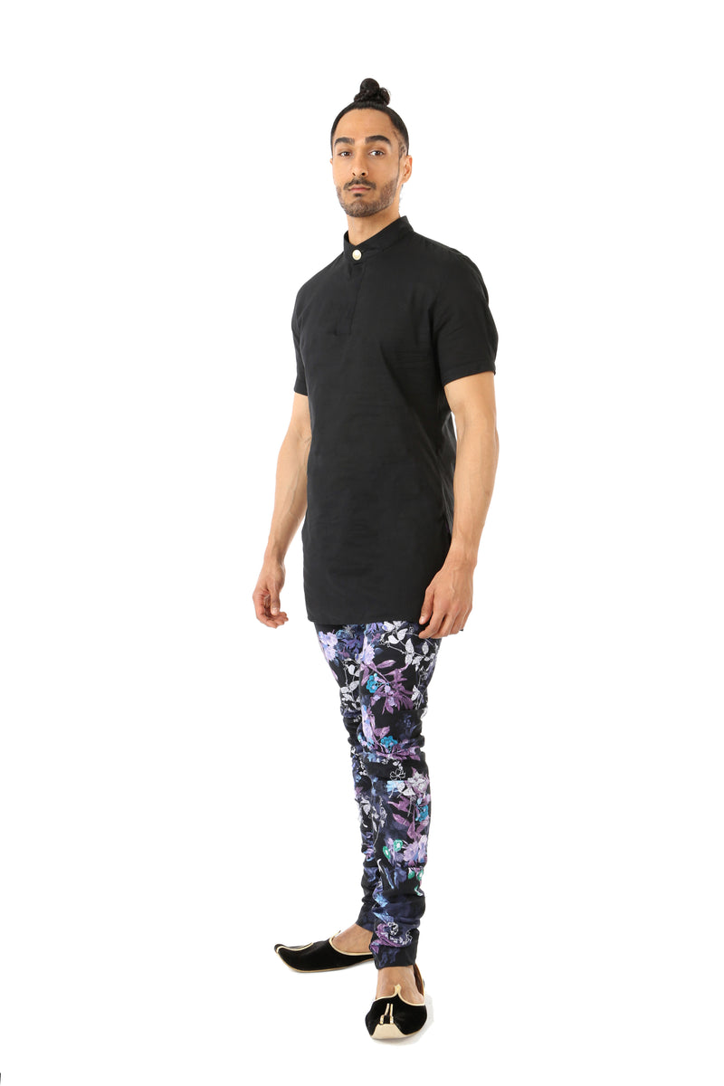 Harleen Kaur Rayman Short Sleeve Cotton Kurta - Black Side View