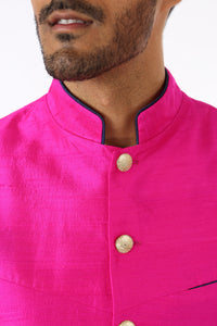 Harleen Kaur Men's Arjun Silk Vest in Fuchsia with Gold Buttons and Piped Mandarin Collar - Front Detail View