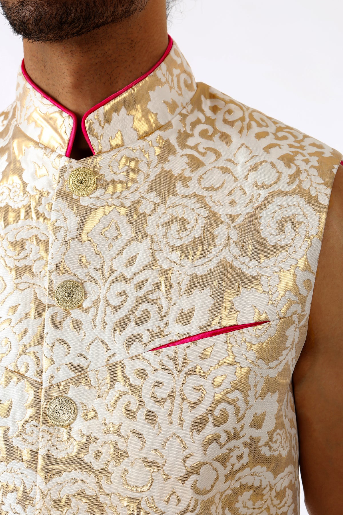 Harleen Kaur ARJUN Gold Vest with Gold Buttons and Pink Piped Mandarin Collar - Front Chest Pocket Detail View