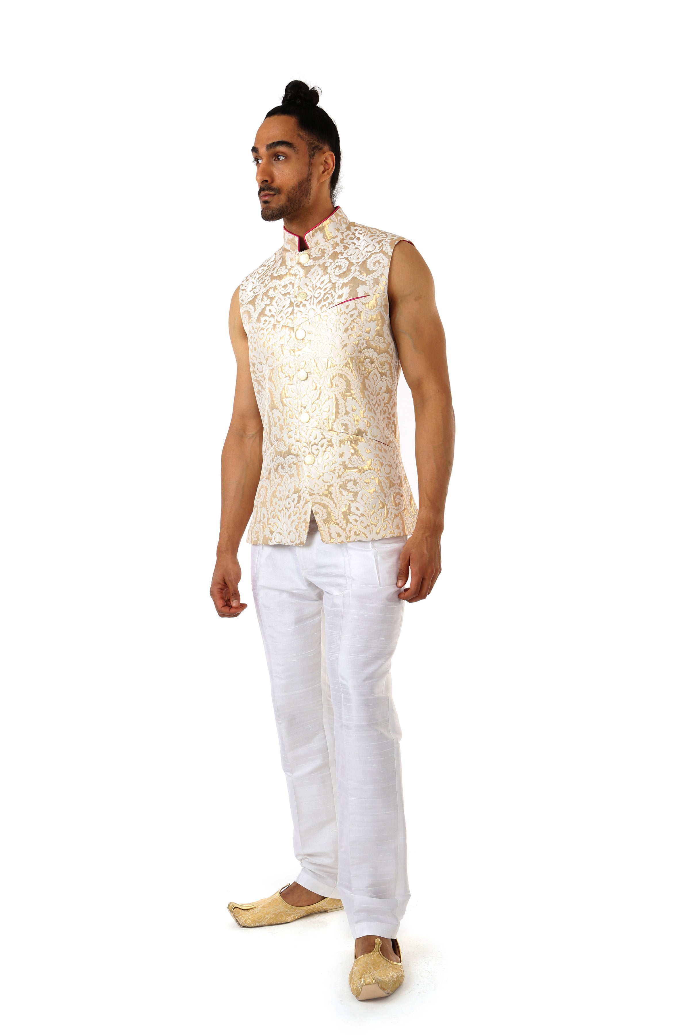 Harleen Kaur ARJUN Gold Vest with Piped Mandarin Collar - Side View