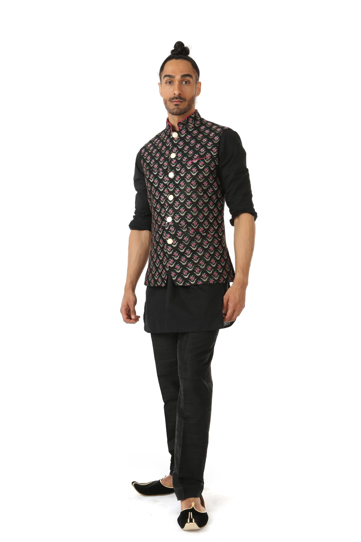 Harleen Kaur Mens Arjun Black Vest with Floral Embroidery and Gold Buttons - Side View