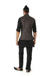 Harleen Kaur Mens Black Arjun Vest with Microfloral Embroidery and Piped Mandarin Collar - Back View