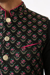Harleen Kaur Mens Black Arjun Vest with Gold Buttons and Satin Lined Pocket - Front Chest Pocket Detail View