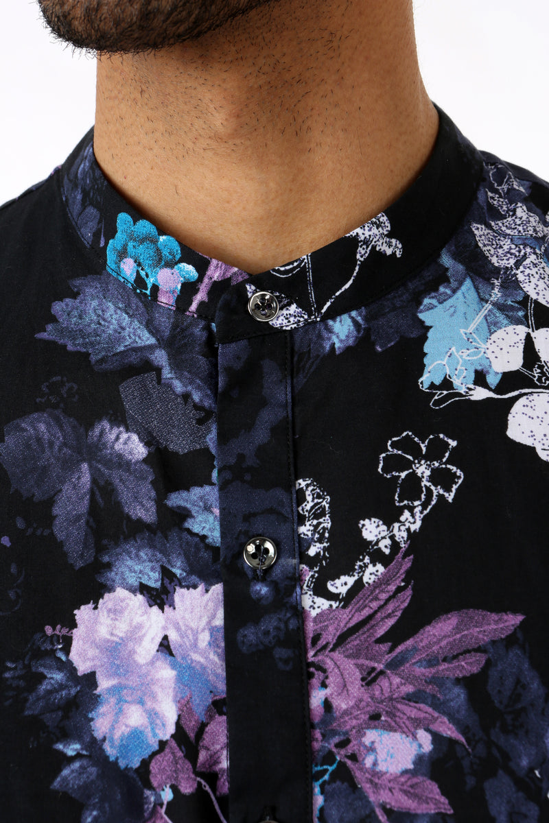 Harleen Kaur Jeet Floral Cotton Kurta Shirt - Black Multi Button Detail View