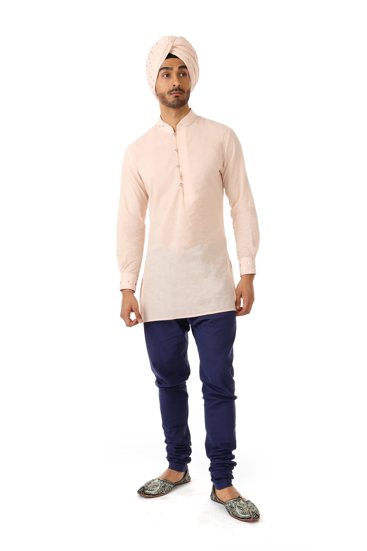 SUMEET Mens Cotton Long Sleeve Kurta in Peach/Silver Hearts | HARLEEN KAUR