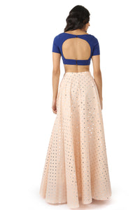 RIVA blue stretch woven lehenga crop top with open back | HARLEEN KAUR