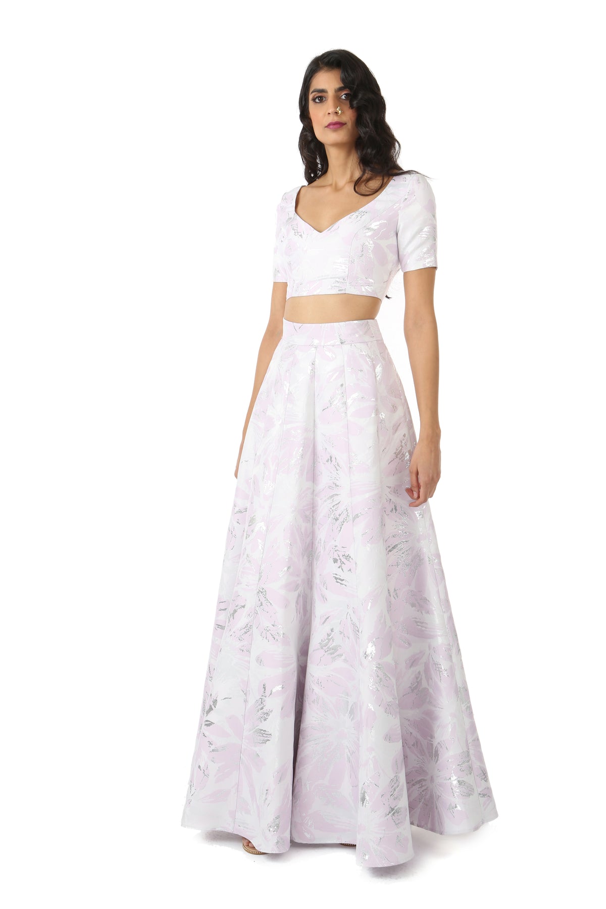 Harleen Kaur Metallic Silver and Lavender floral print on DIVYA lehenga skirt