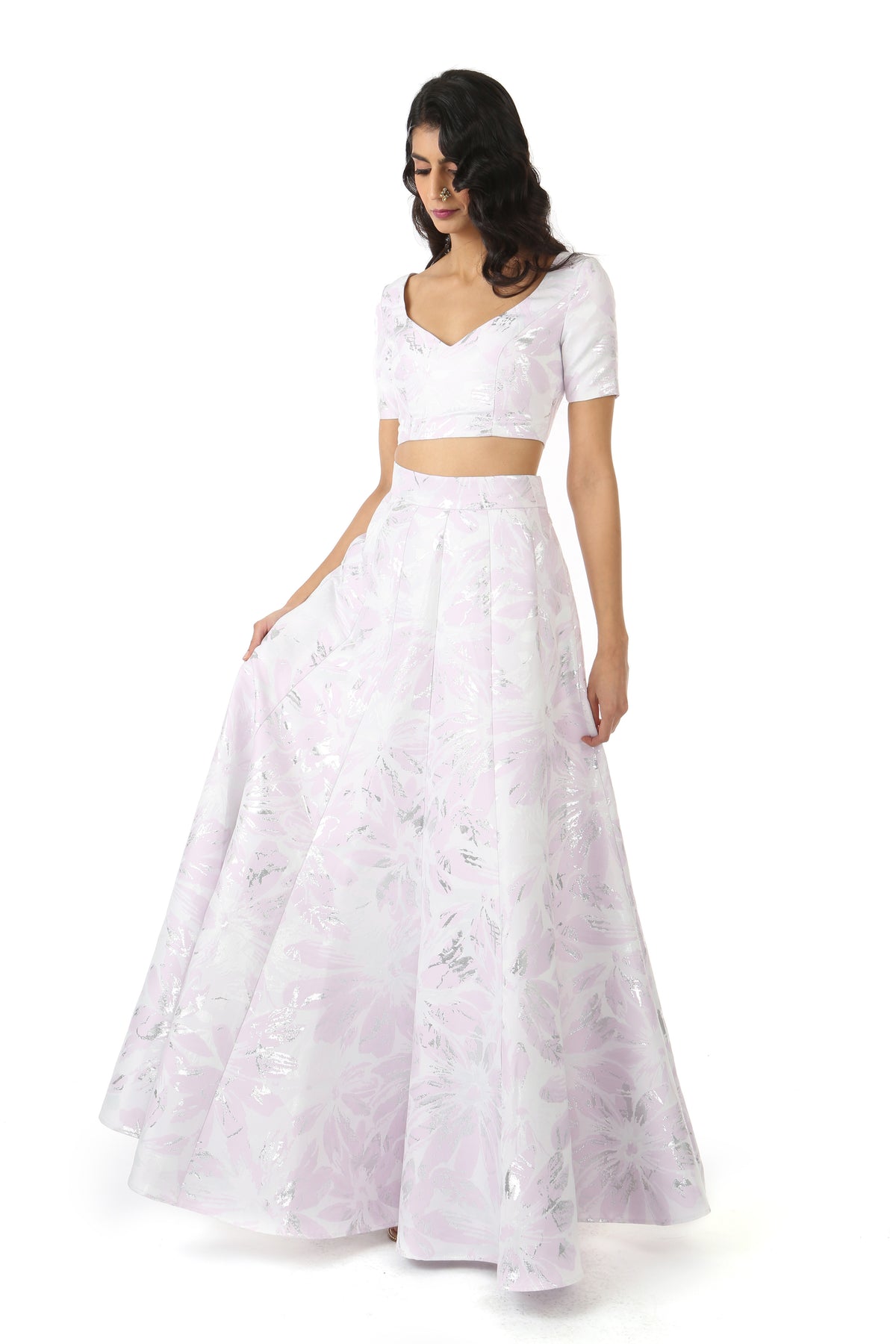 Harleen Kaur SANYA Short Sleeve Crop Top in Metallic Silver, White, and Lavender Jacquard with Sweetheart Neckline - Front View