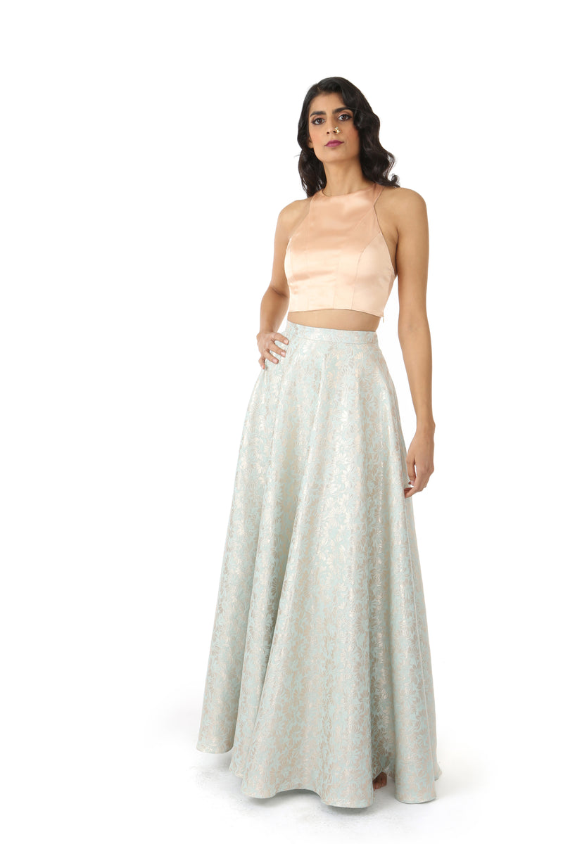 VIDYA peach stretch satin racerback crop top with triangle ring | HARLEEN KAUR