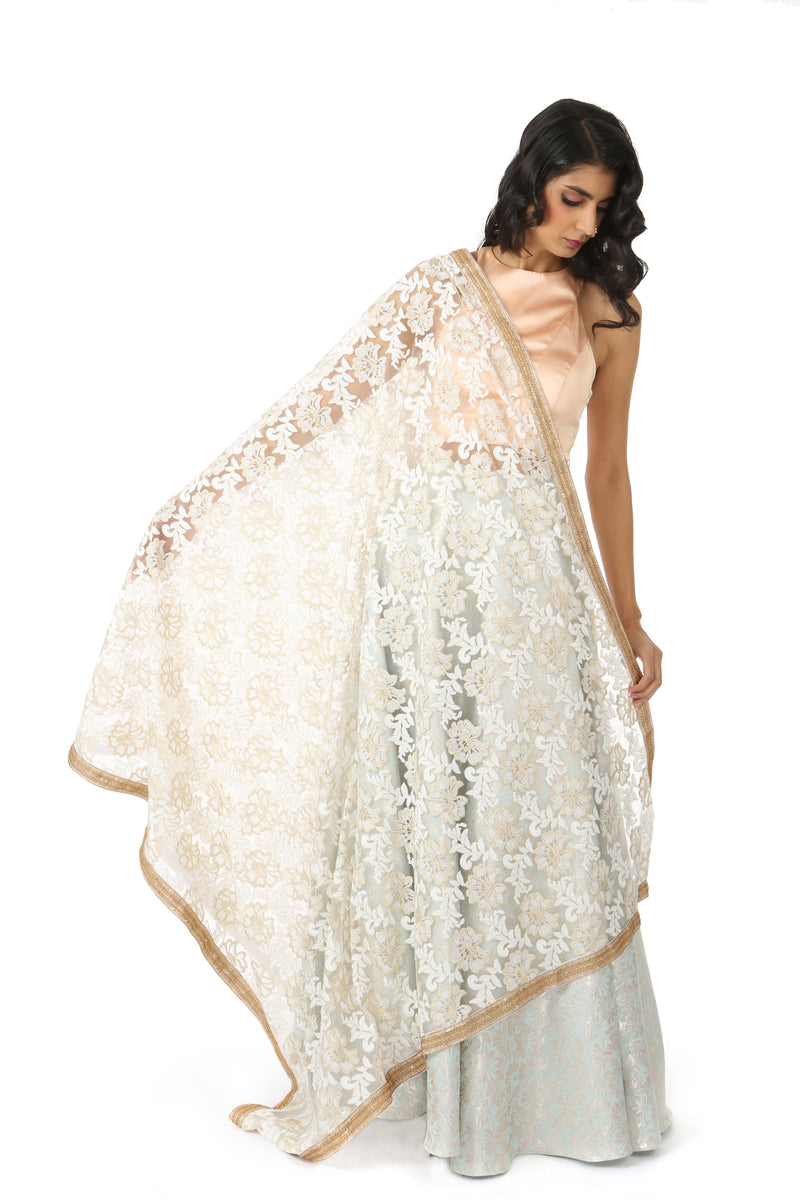 Harleen Kaur Lorella White Floral Embroidered Dupatta with Gold/Copper/Silver Trim