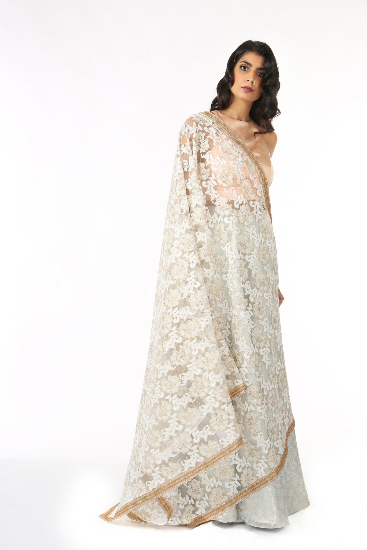 Harleen Kaur LORELLA White Floral Embroidered Dupatta with Gold/Copper Trim