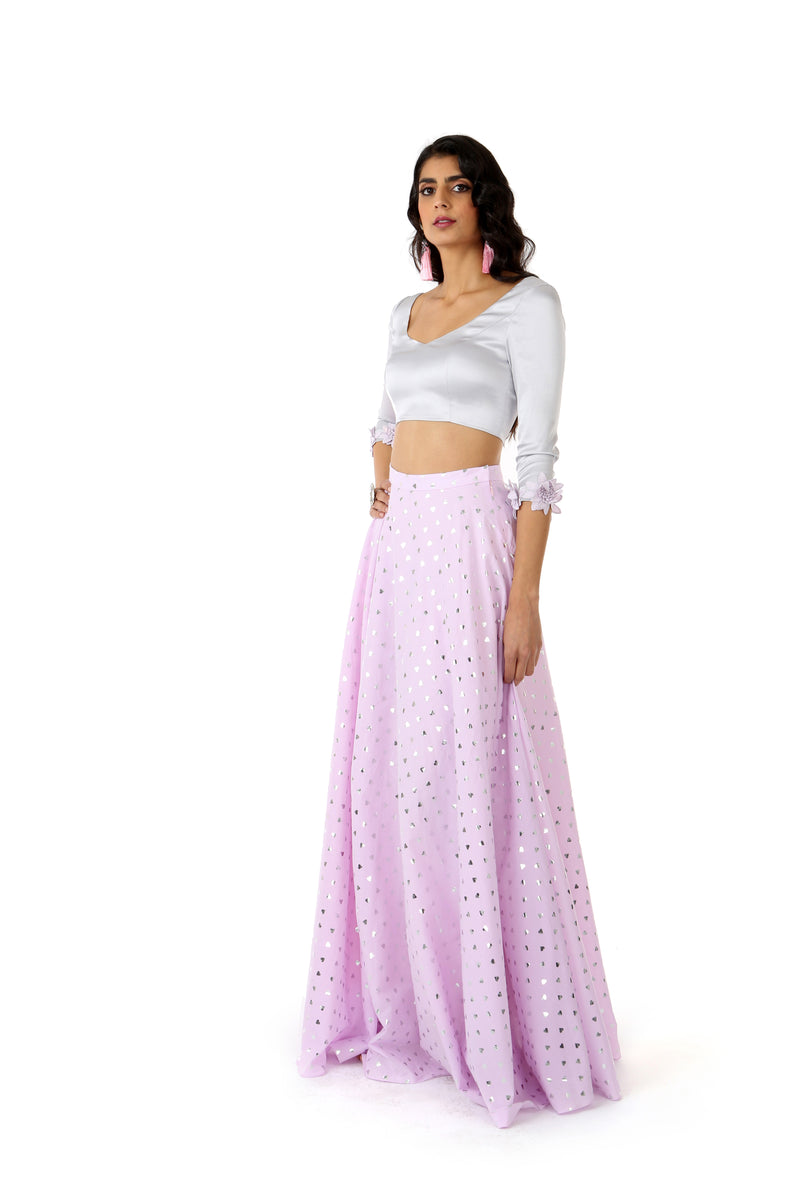 ANISHA Silver Polka Hearts Lehenga Skirt in Lavender - Side View | HARLEEN KAUR