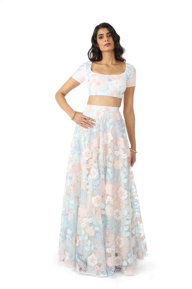 Frosted Floral Stretch Embroidered Crop Top | HARLEEN KAUR