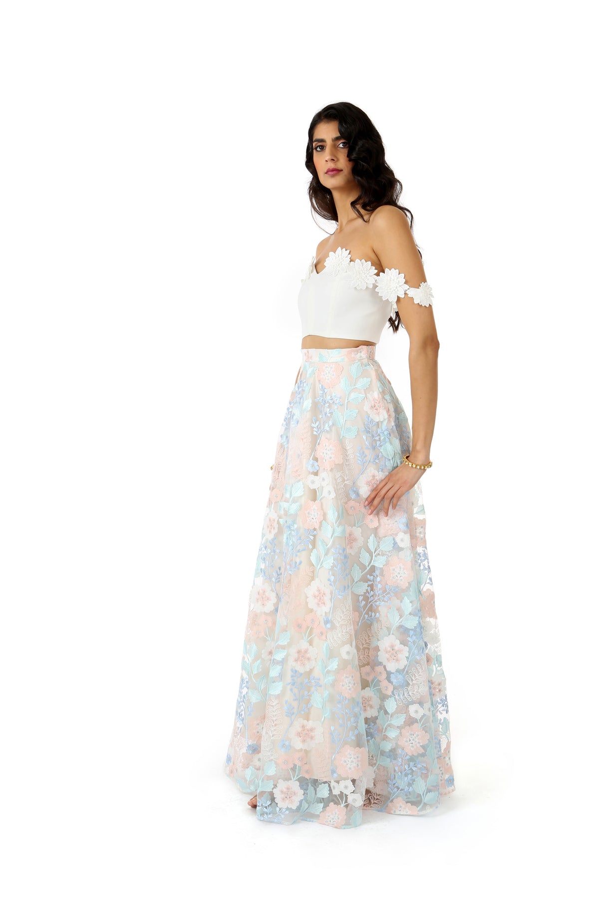 White Lehenga Top with Off-the-Shoulder White Floral Trim - Side View - Harleen Kaur - Modern Indian Womenswear