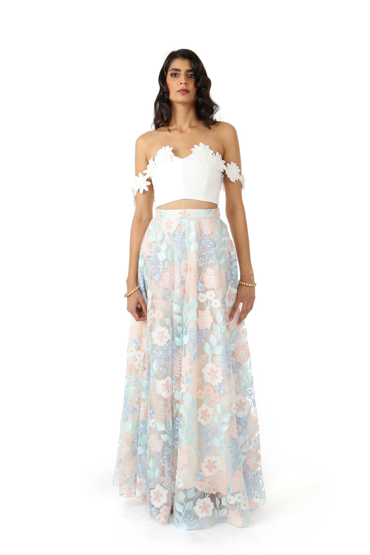 White Lehenga Top with Off-the-Shoulder White Floral Trim - Front View - Harleen Kaur - South Asian Womenswear