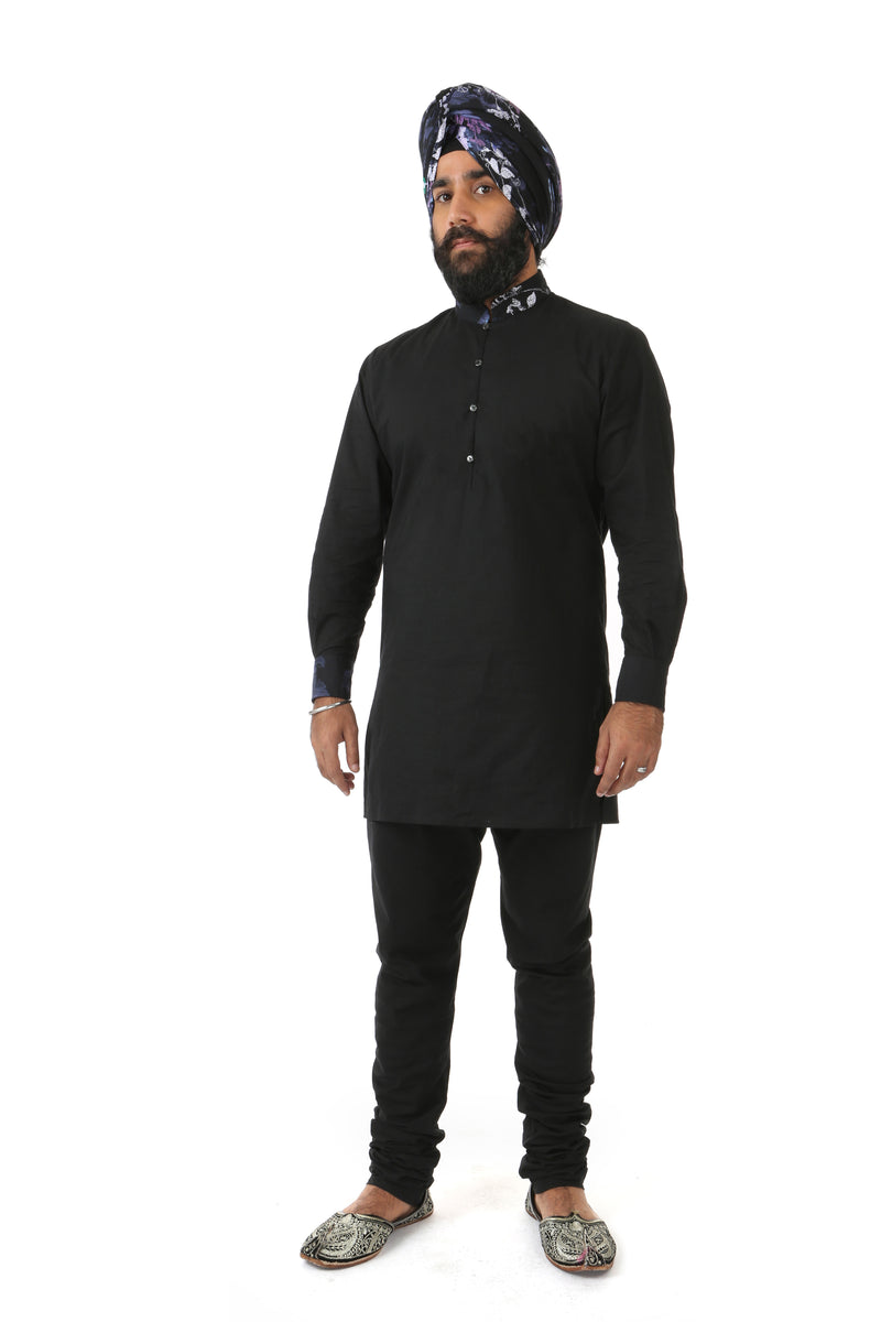 Harleen Kaur SUMEET Black Kurta with Black Multifloral Print Collar and Cuff - Front View