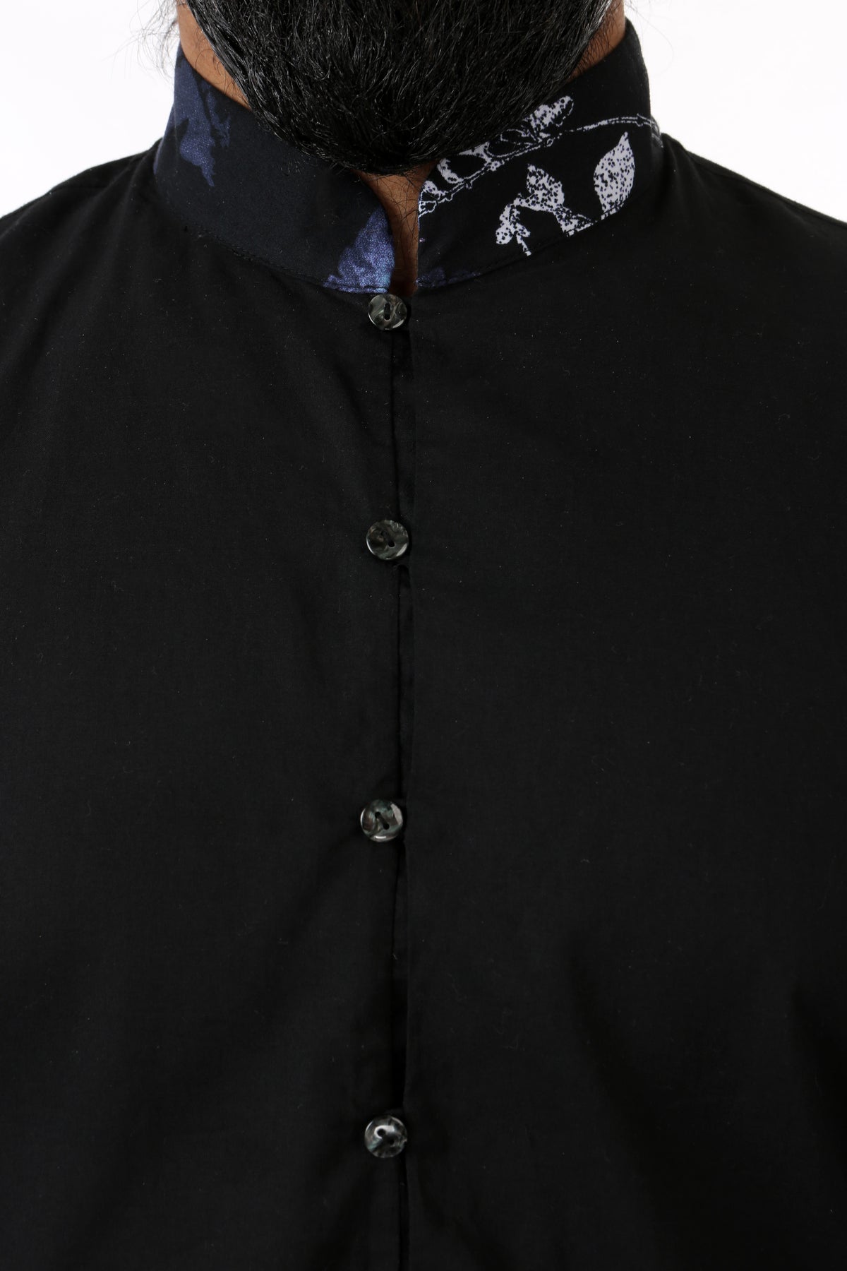 Harleen Kaur SUMEET Black Kurta with Black Multifloral Print Collar- Front View