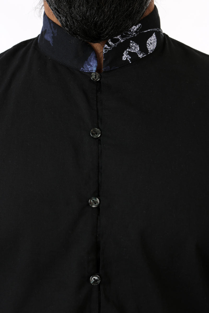 Harleen Kaur SUMEET Black Kurta with Black Multifloral Print Collar- Front View