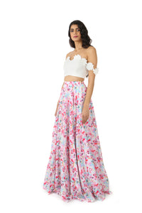 ANISHA Cotton Lehenga Skirt with White/Pink Floral Print - Side View | HARLEEN KAUR