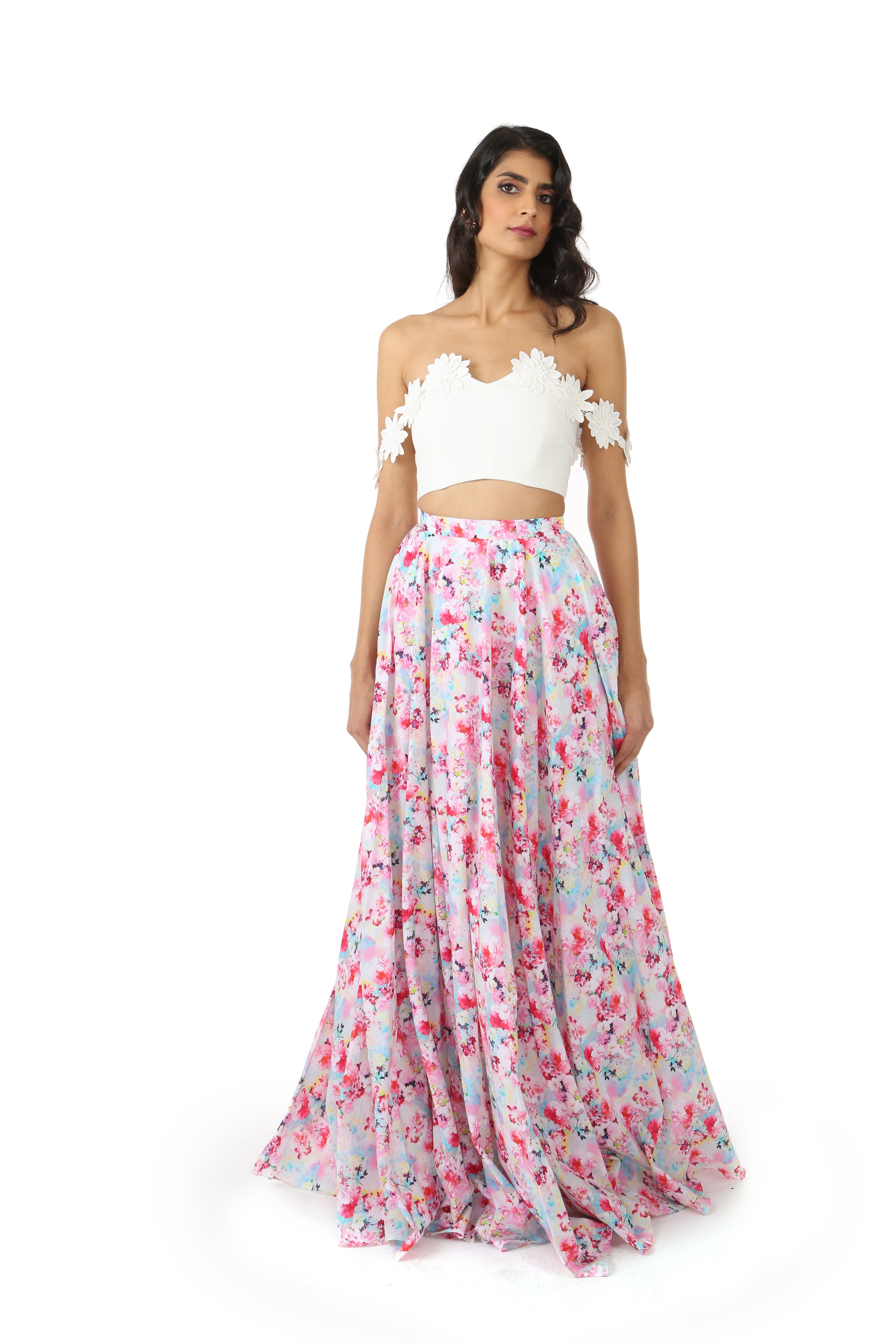 White and Pink Lehenga Skirt - White Floral Multi Front View | HARLEEN KAUR