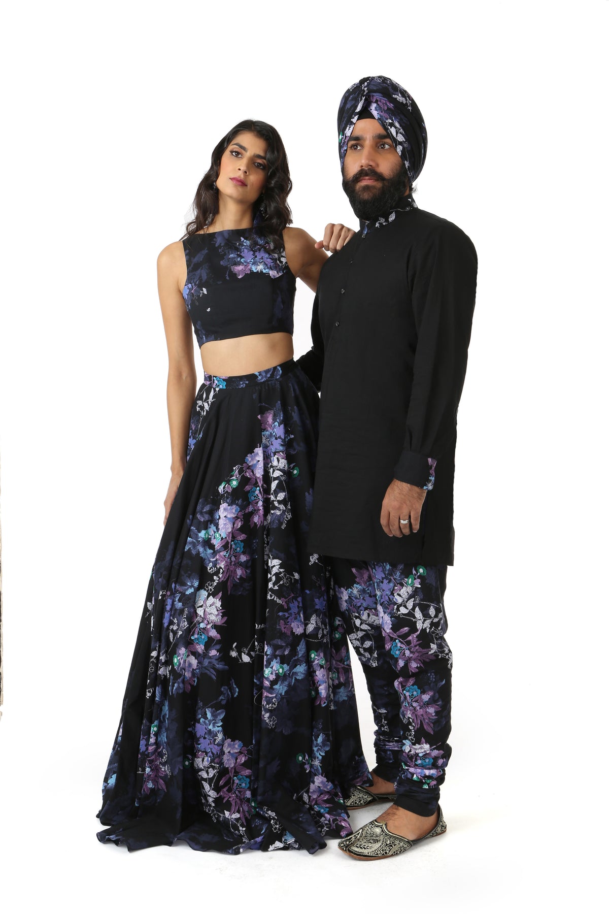 Harleen Kaur SUMEET Black Kurta with Black Floral Print Collar and Cuff - Front View