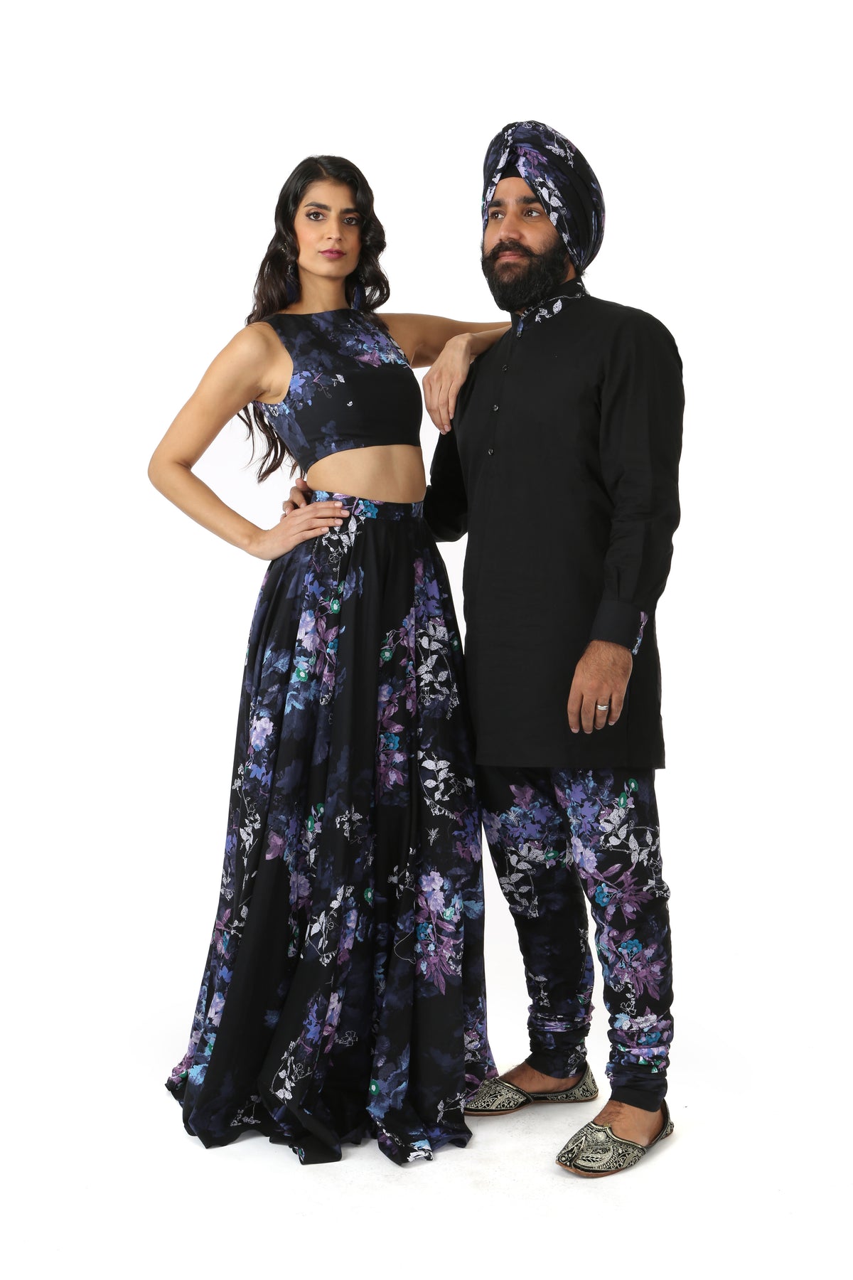 ANISHA Dark Amethyst Floral Print Lehenga Skirt - Black Floral Multi Side View | HARLEEN KAUR