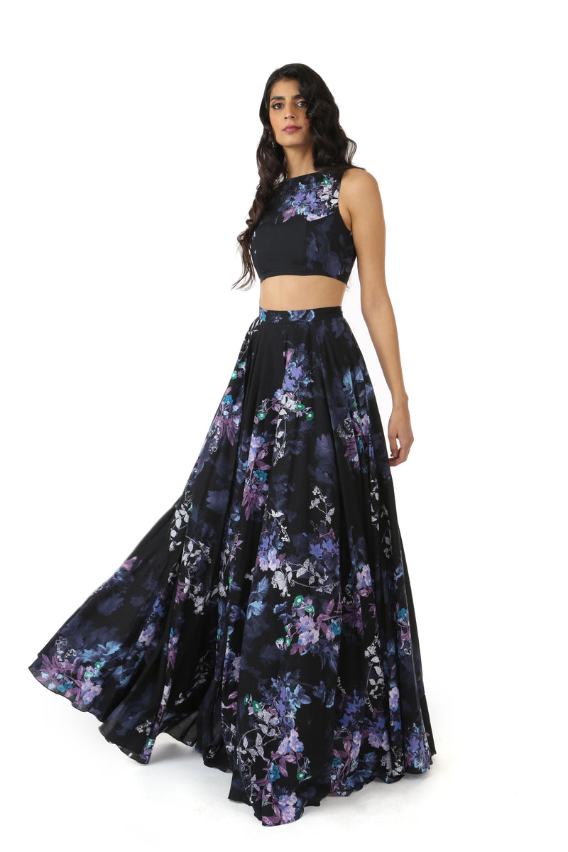 ANISHA Black Cotton Lehenga Skirt with Purple Floral Print - Black Floral Multi Side View | HARLEEN KAUR