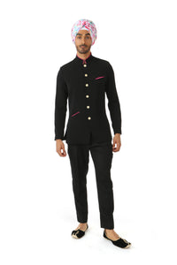 Harleen Kaur NAHM Mens Black Jodhpuri Jacket with Fuchsia Satin Lining - Front View