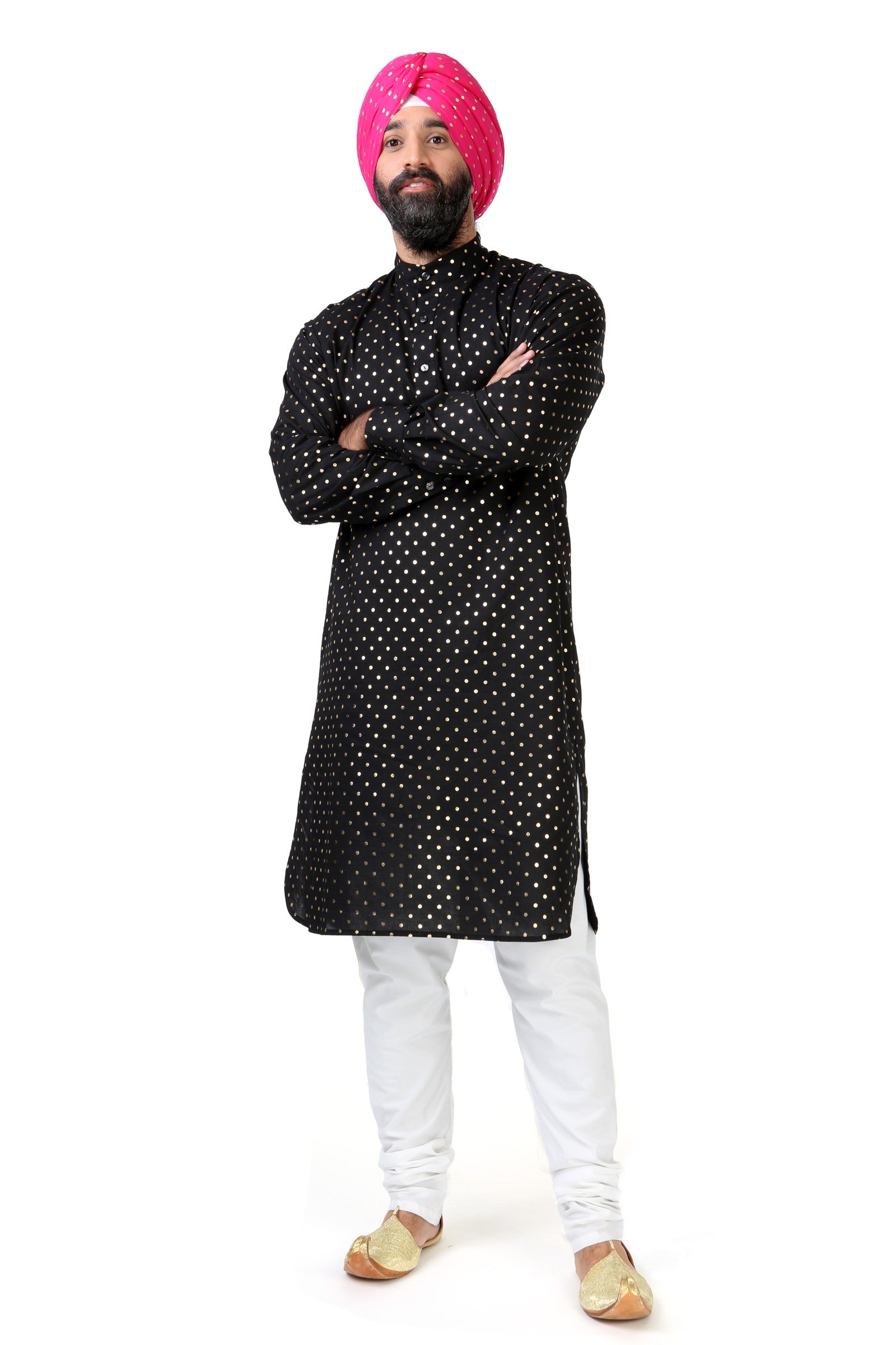 RANJA Tunic in Black and Gold Polkadot Cotton - Front View - Harleen Kaur - South Asian Menswear