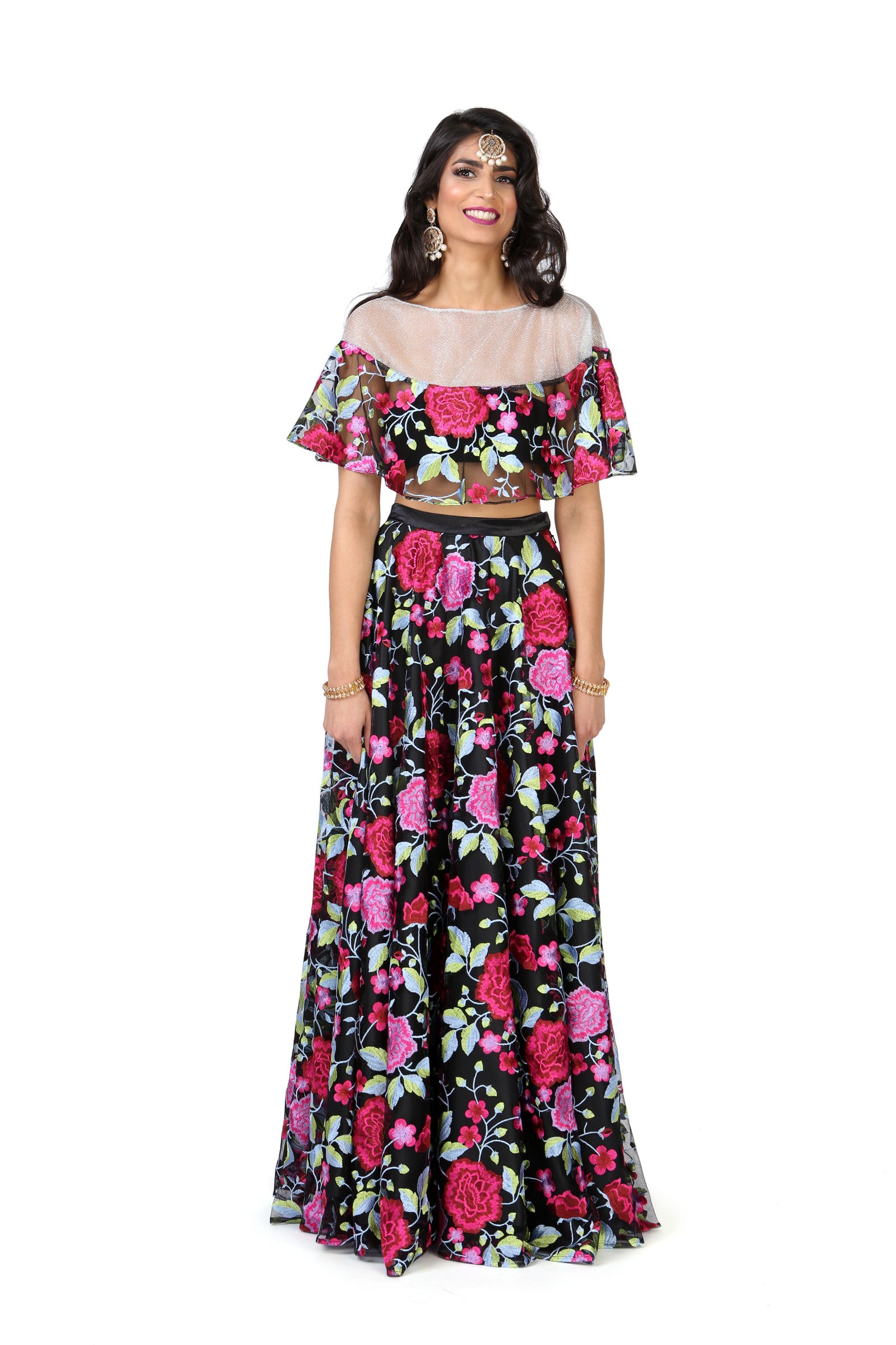 Black and Pink Embroidered Floral Floor Length Lehenga Skirt - Front View - Harleen Kaur - Ethically Made Womenswear