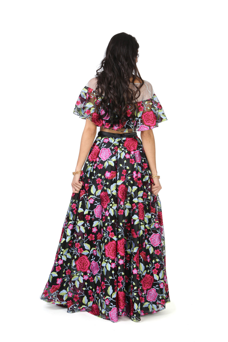 Black and Pink Embroidered Floral Floor Length Lehenga Skirt - Back View - Harleen Kaur - South Asian Womenswear