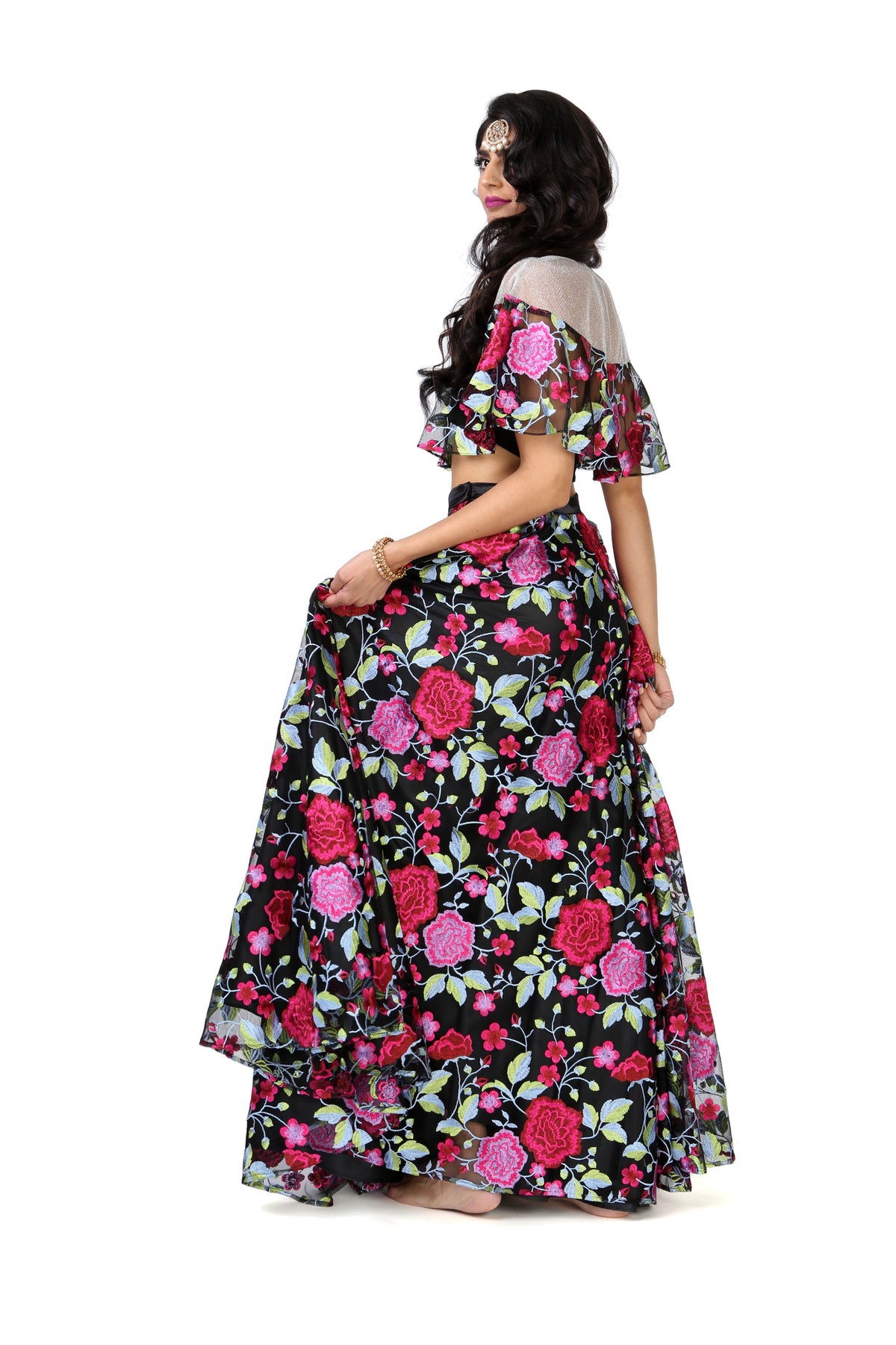 Black and Pink Embroidered Floral Floor Length Lehenga Skirt - Front View - Harleen Kaur - Indian Womenswear
