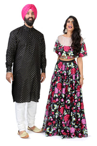 Black and Pink Embroidered Floral Floor Length Lehenga Skirt - Couple View - Harleen Kaur - Modern Indian Womenswear