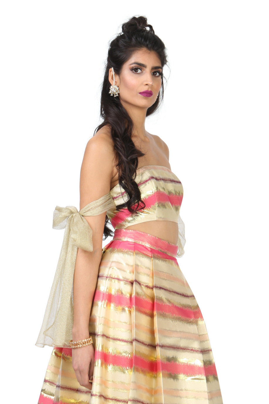 Harleen Kaur Myra Striped Gold Jacquard Strapless Top - Side View