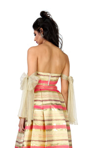 Harleen Kaur Myra Striped Gold Jacquard Top with Gold Bow Arm Cuffs - Back View