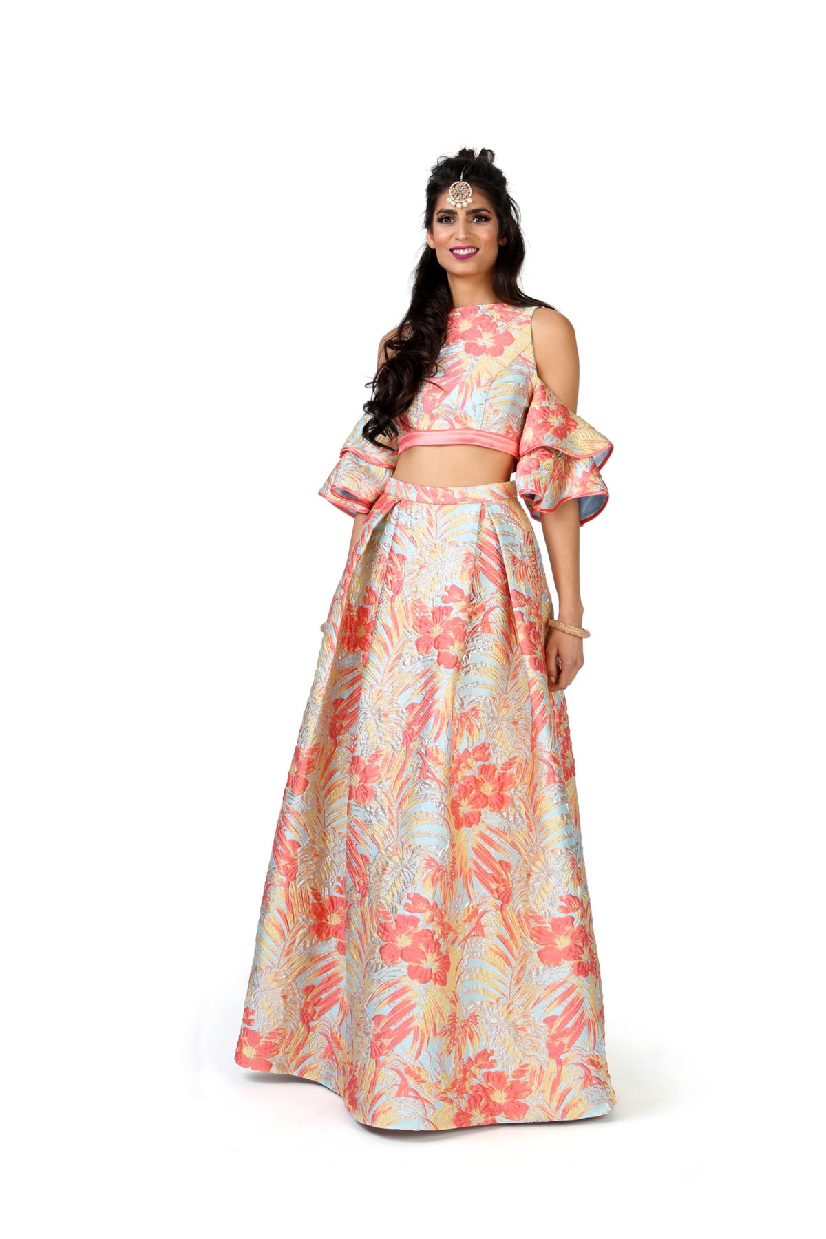 Harleen Kaur JAMANI Floral Palm Jacquard Lehenga - Front View