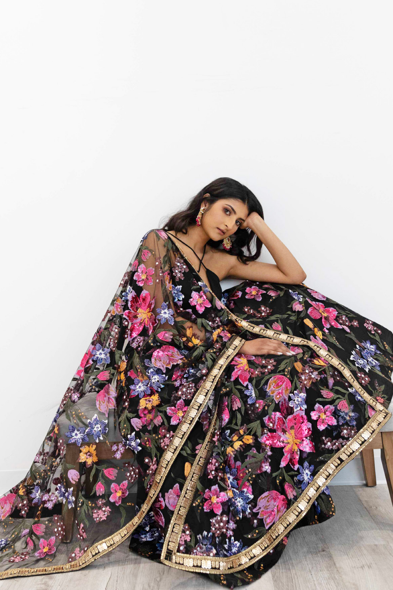 Namita Black Mesh Floral Sequin Dupatta draped on the right shoulder - Harleen Kaur