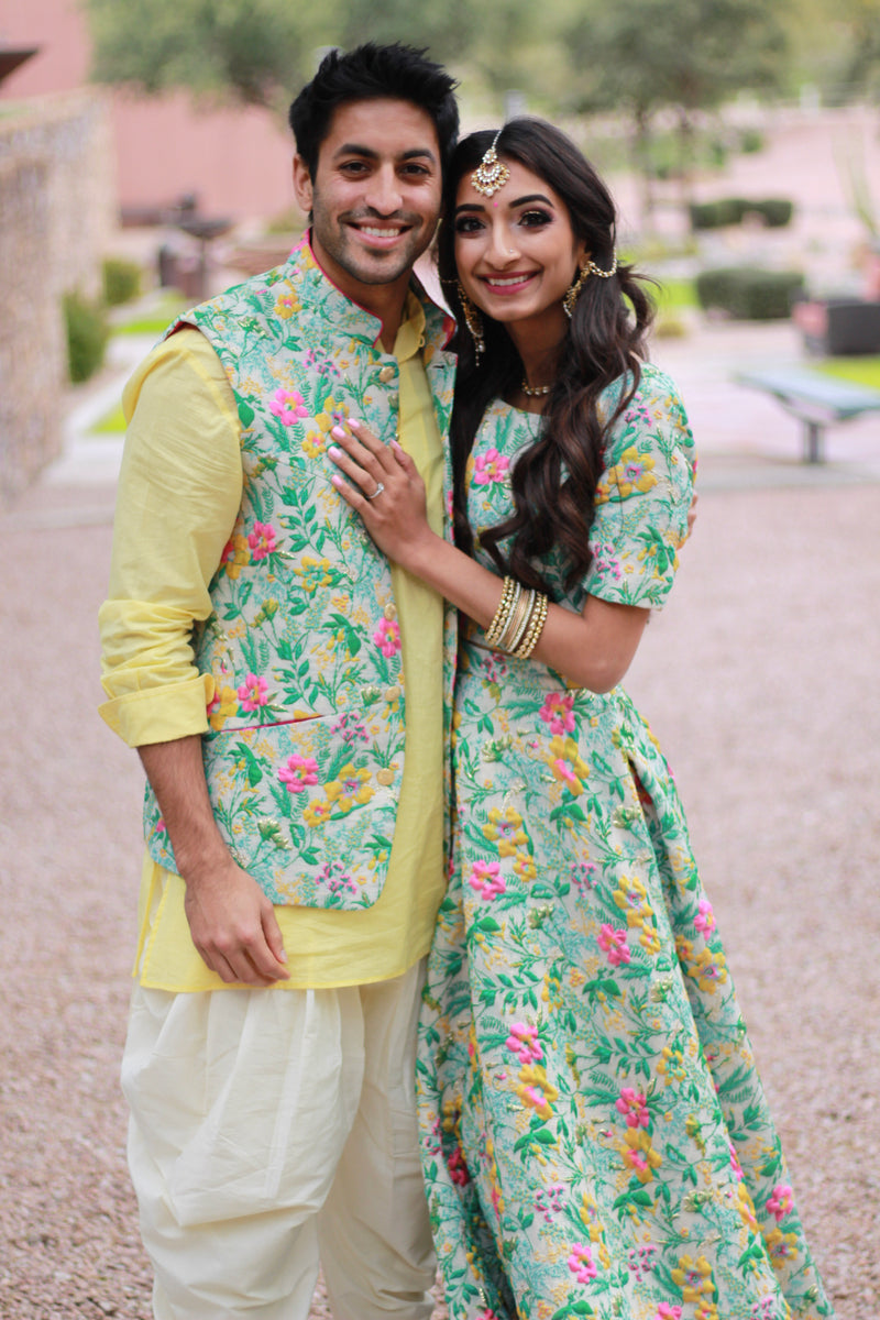 Matching Couple Indian Outfits - Floral Bandi Vest and Floral Lehenga Outfits - Harleen Kaur
