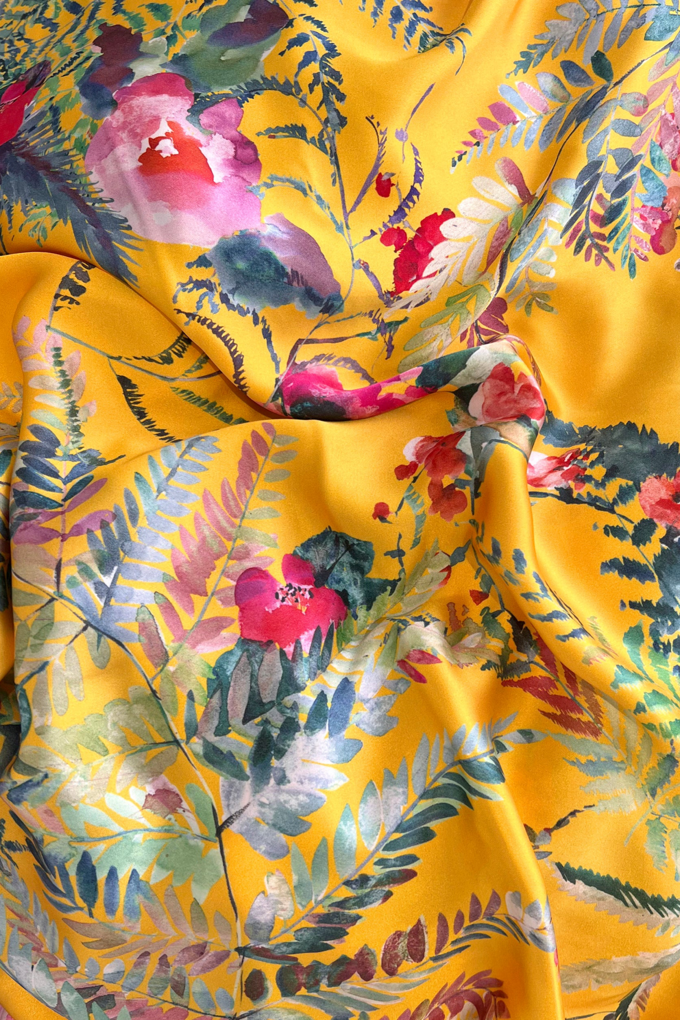Caribbean Floral Print in a golden sunflower hue - Fabric Close Up - Harleen Kaur