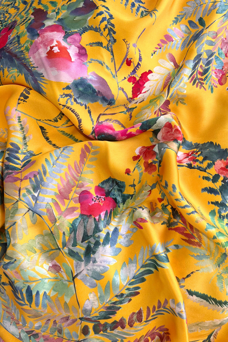 Caribbean Floral Print in a golden sunflower hue - Fabric Close Up - Harleen Kaur
