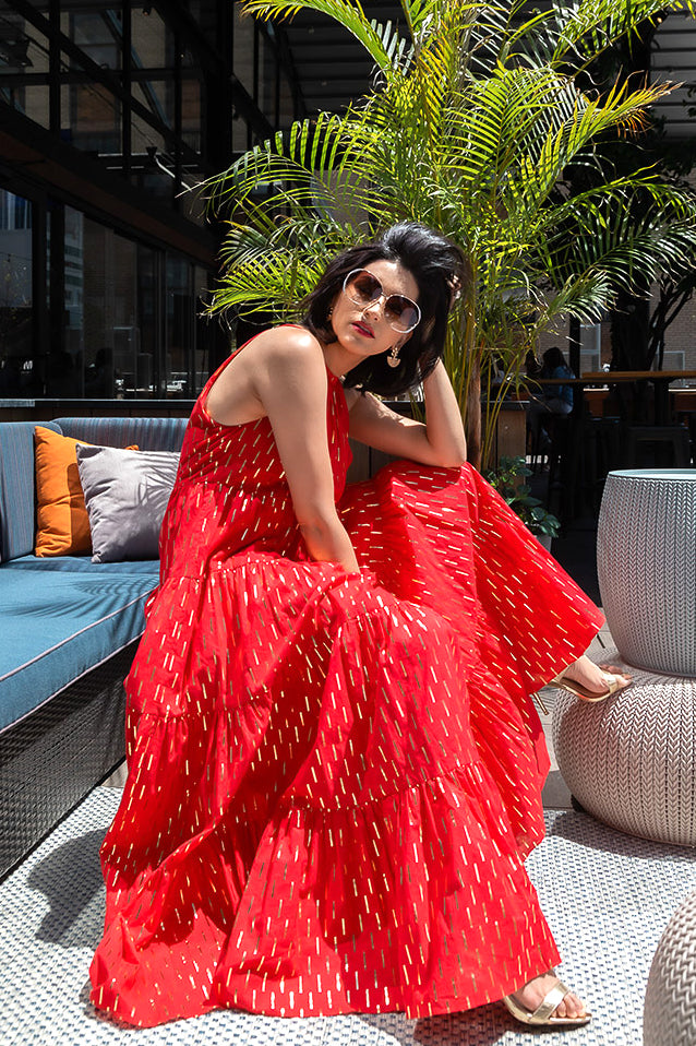 Red Maxi Anarkali Dress With Gold Detail | Harleen Kaur Gemma Dress