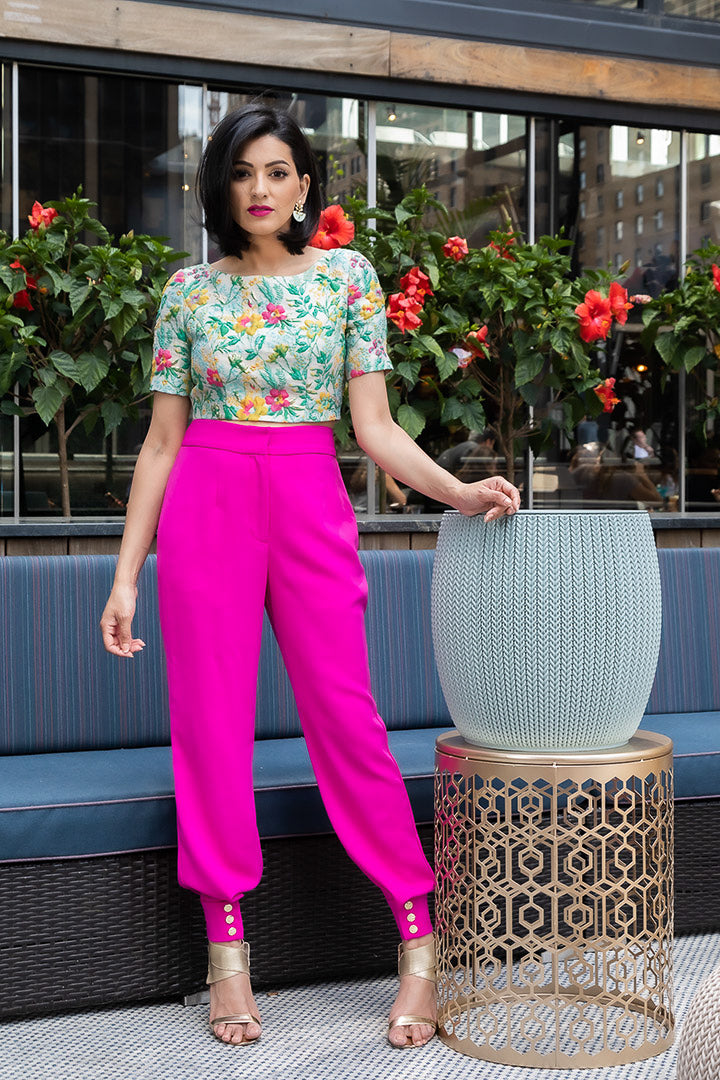 HUMA Stretch Crepe Magenta  Pants - Front View - Harleen Kaur - Modern Indian Womenswear