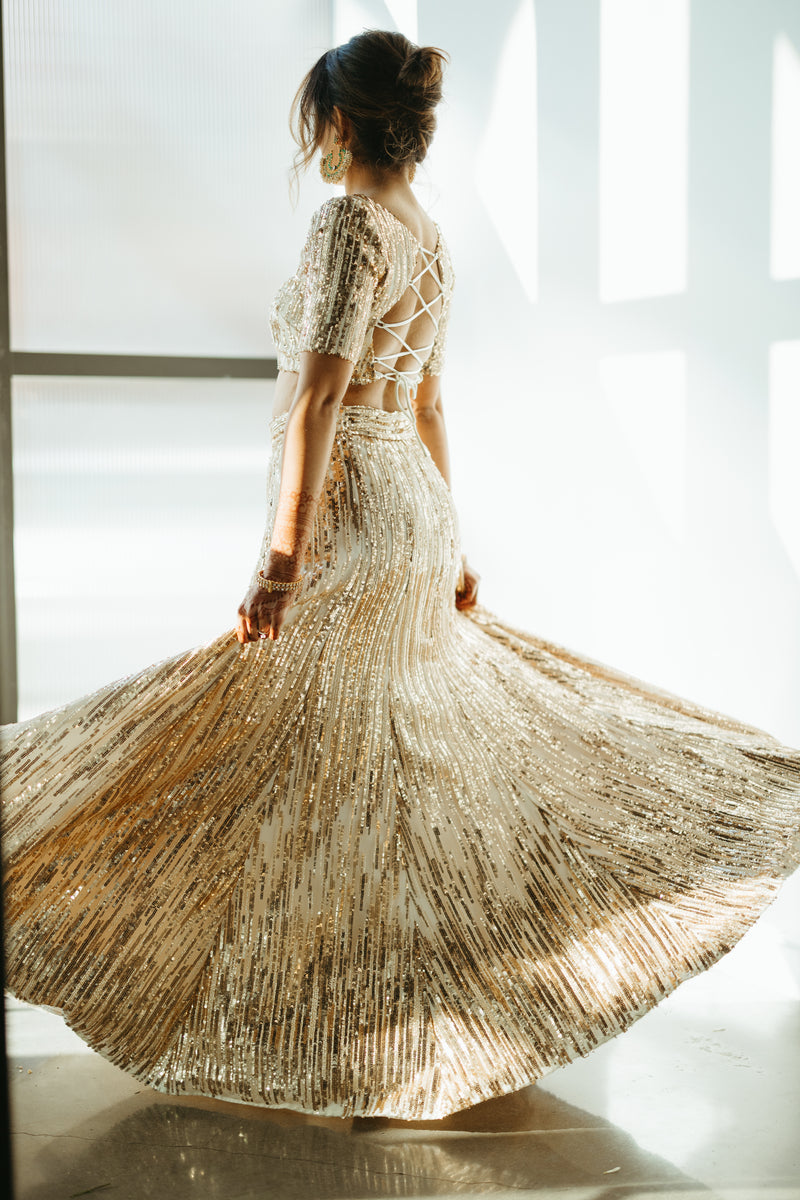 SEEMA Ivory and Gold Sequin Bridal Lehenga Skirt