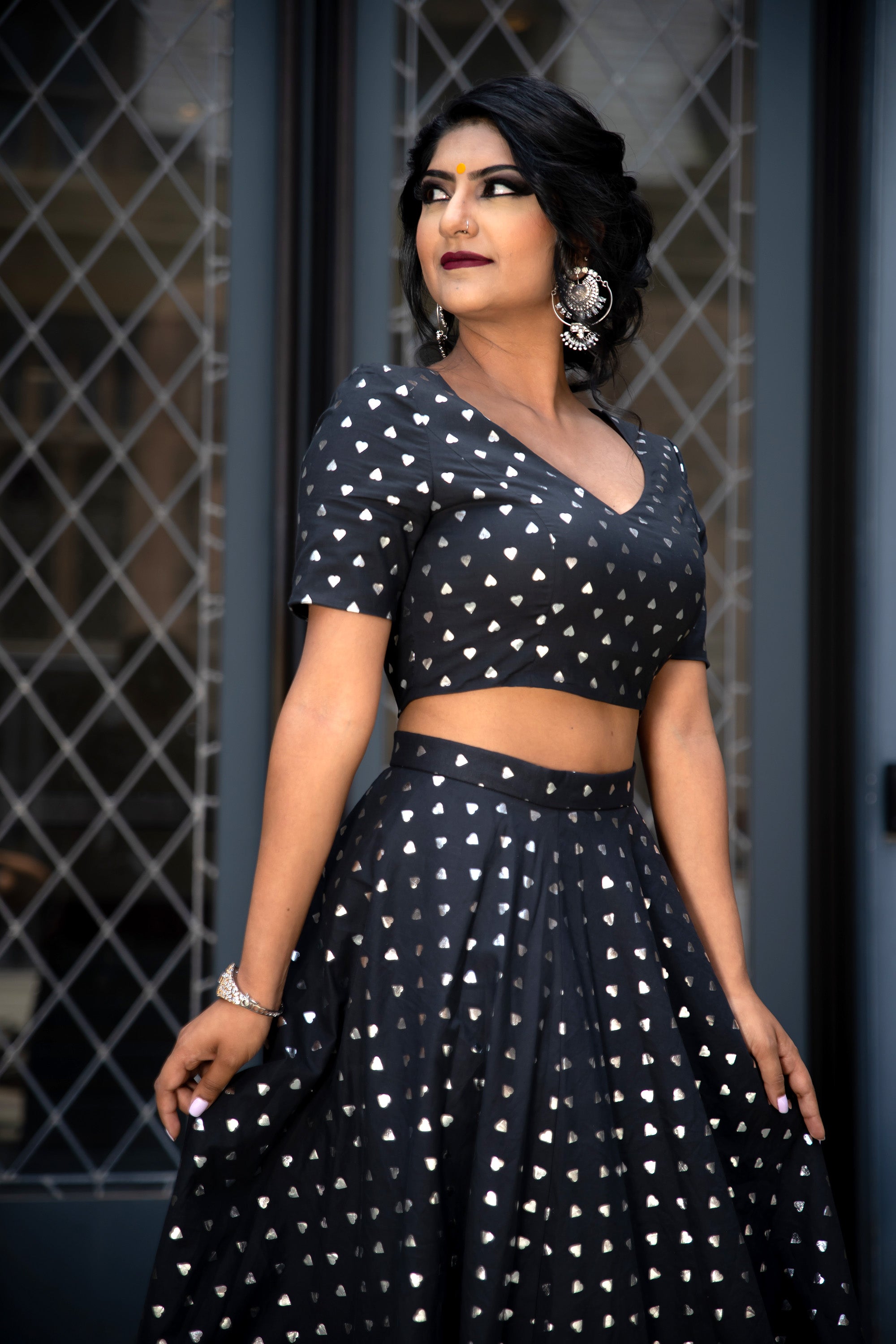 Harleen Kaur SANJANA Sweetheart Crop Top in Black Cotton with Silver Polka-Hearts