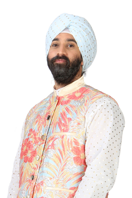 MAHARAJA Light Blue Cotton Pagh with Gold Polkadots | HARLEEN KAUR