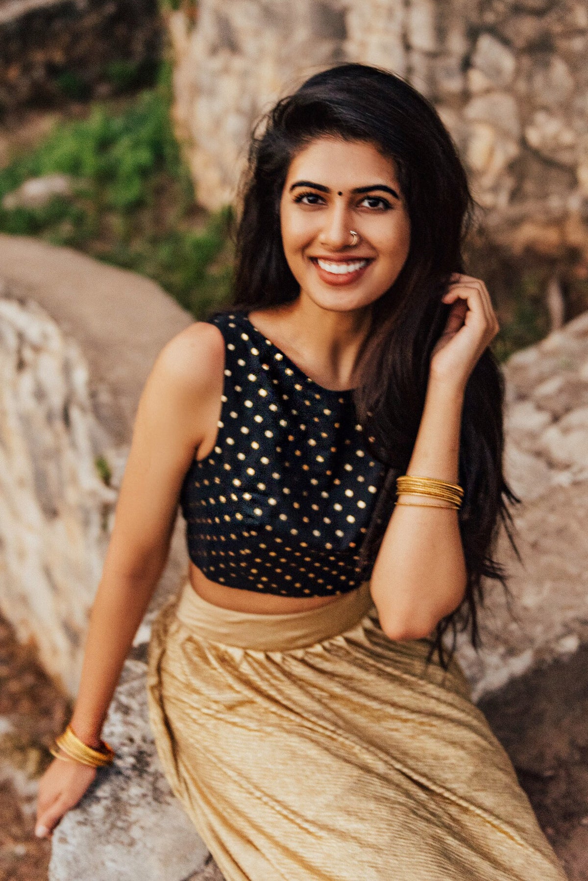 Harleen Kaur ANYA Black Cotton Crop Top with Gold Polkadots