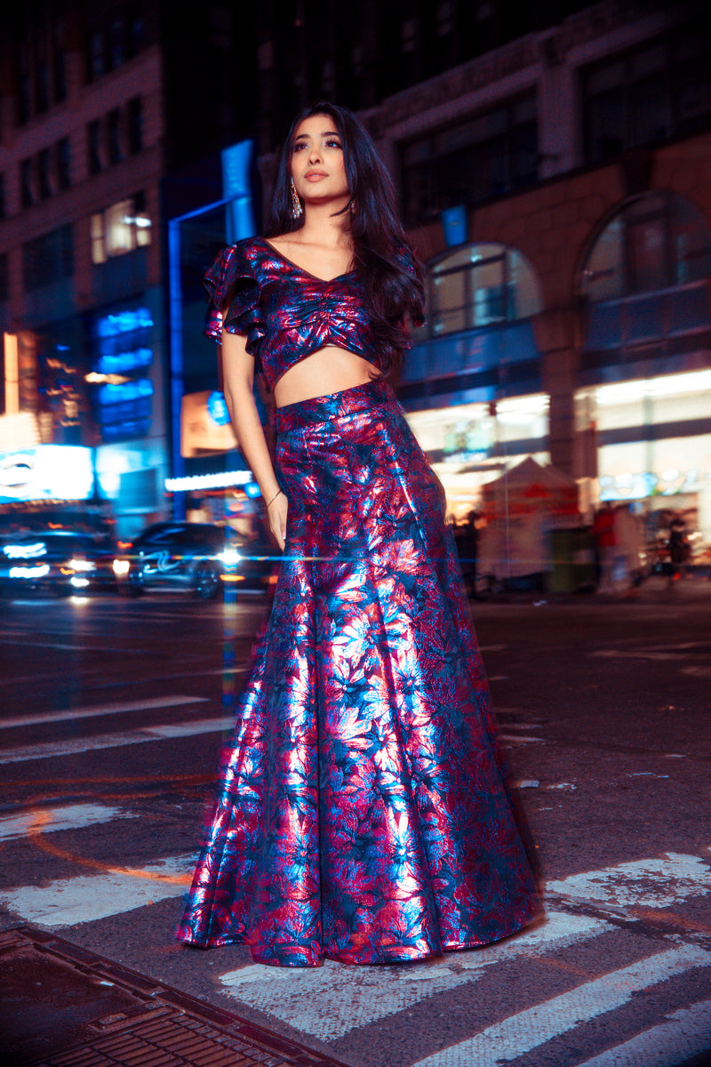 TYRA Metallic Floral Lehenga Skirt