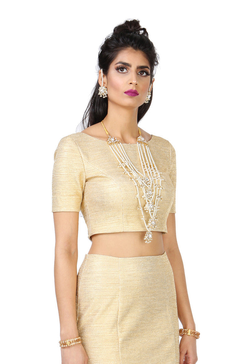 Short Sleeve Samara Stretch Metallic Gold Lehenga Crop Top | HARLEEN KAUR